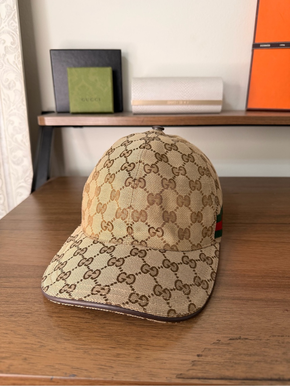 AUTHENTIC - Gucci Unisex Beige Monogram Canvas Baseball Cap with Signature Web